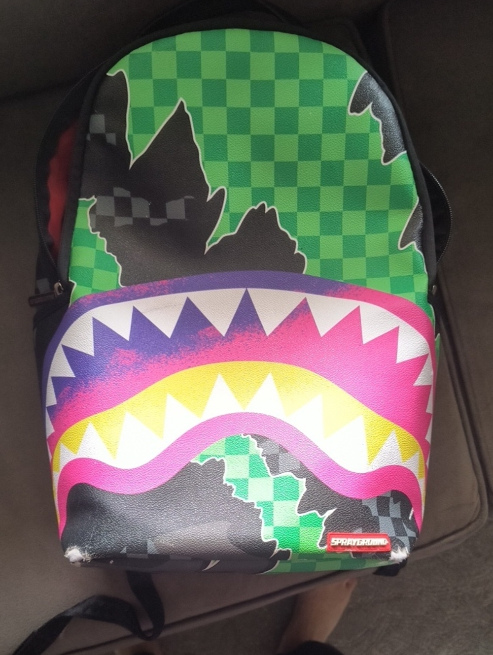 Colorful Shark-Mouth Graphic Backpack - Green Pink Yellow